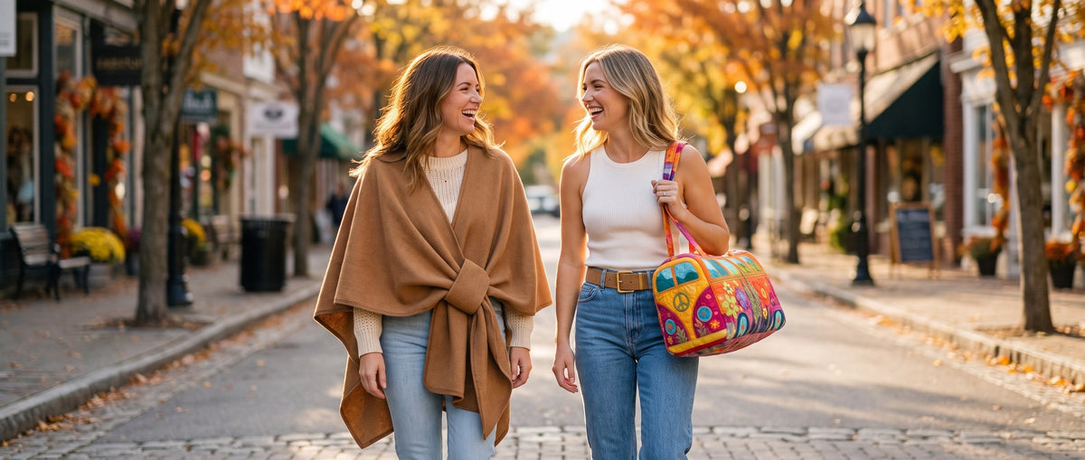 Two friends wearing the Bloopa wrap shawl, belt and boho bag