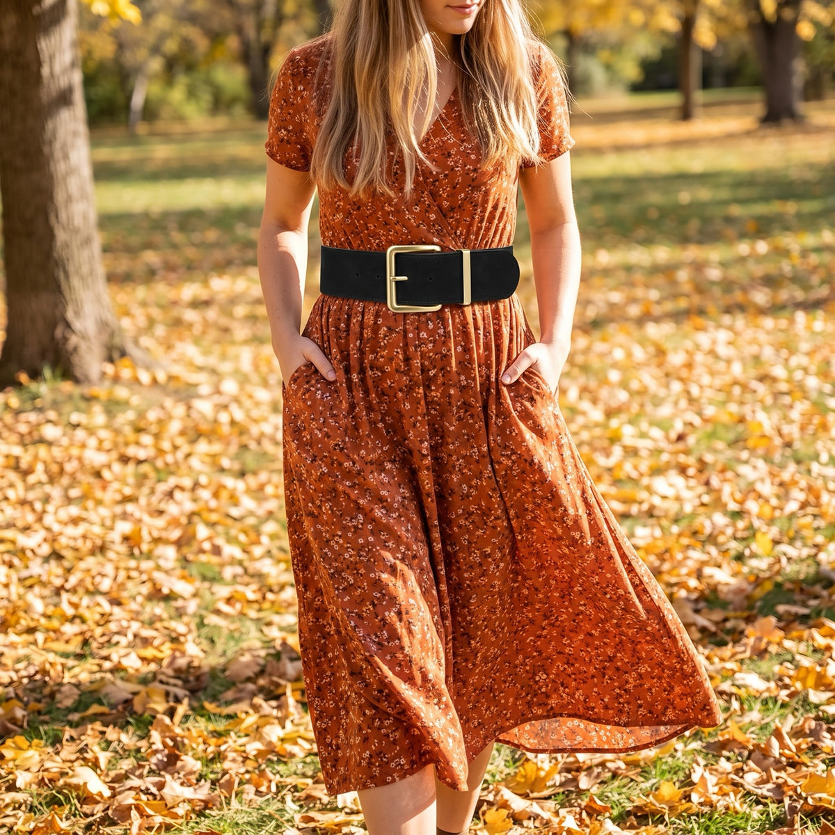 Black belt cinching a boho maxi dress