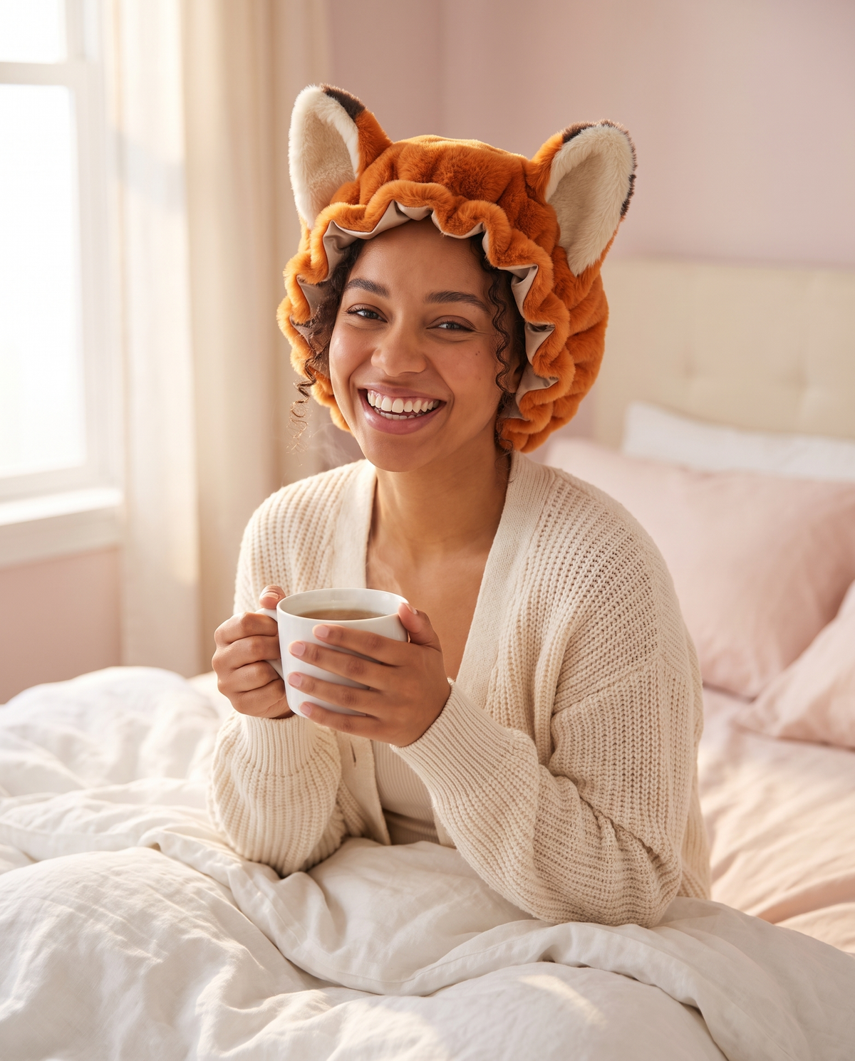 Happy customer wearing the Foxy fox bonnet in bed with a mug of tea