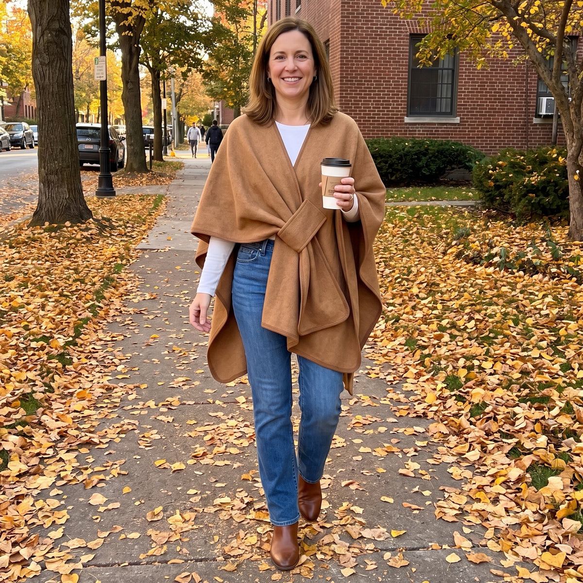 Camel wrap shawl on a fall street