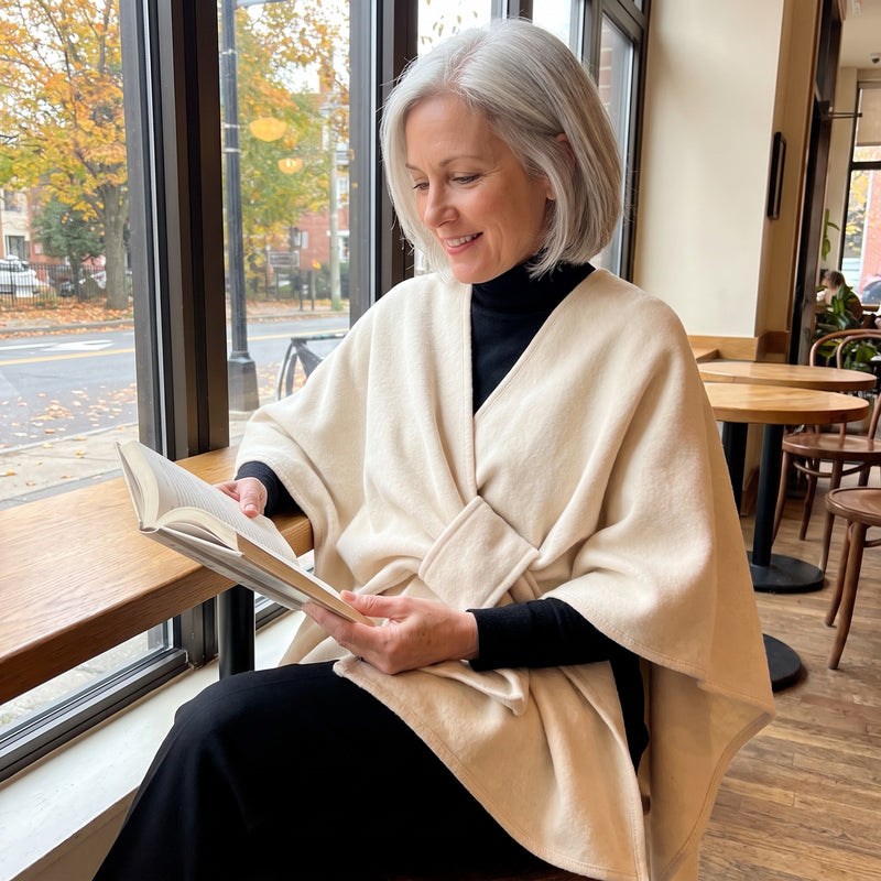 Ivory wrap shawl at a cafe
